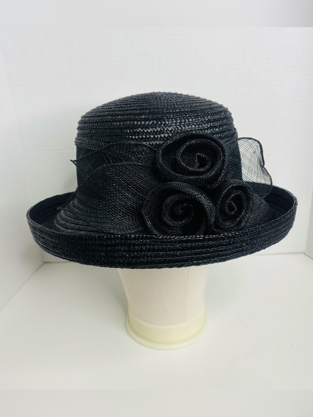 betmar Black Woven Dress Hat with Rosette Trio